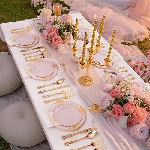 Ciaell 300PCS Pink and Gold Plastic Plates - Pink Disposable Dinnerware Sets for 50 Guests - 100 Plates, 50 Knives, 50 Forks, 50 Spoons, and 50 Napkins for Wedding, Anniversary & Party thumbnail 9