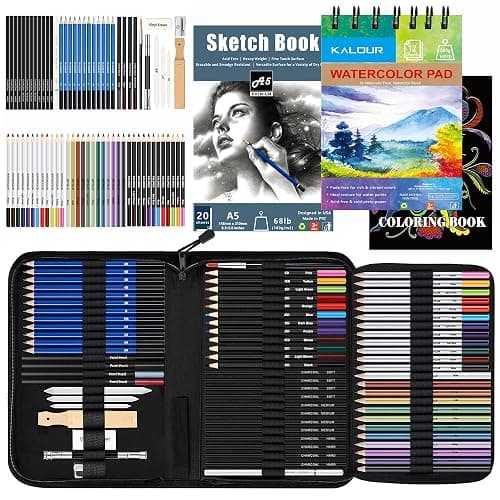 KALOUR 76pc Art Supply Set - Sketching & Drawing Kit with Tutorial Book, Sketchbook & Paper - Pencils, Pastels, Watercolors for Beginner Artists - Image 1