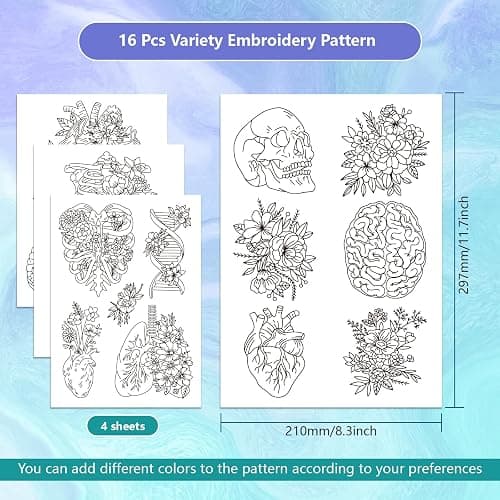 GLOBLELAND 4 Sheets Flower and Organ Skeleton Water Soluble Stabilizer Hand Sewing Stabilizers with Pre Printed Stick and Stitch Self Adhesive Wash Away Stabilizer for Bags Cloth Embroidery thumbnail 2