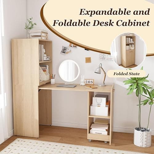 Folding Computer Desk with Wheels,Hideaway Desk with Storage Shelves, Murphy Desk for Small Apartments and Offices thumbnail 8