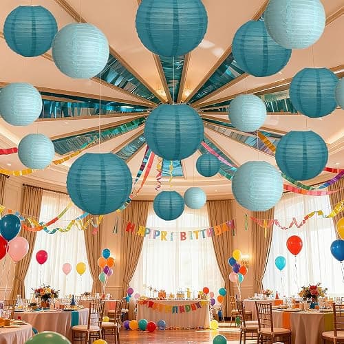 20Pcs Teal Paper Lanterns Decorative, 6"8"10" Blue Hanging Round Paper Lanterns Decorative for Bridal Shower Baby Shower Engagement Wedding Birthday Party thumbnail 2