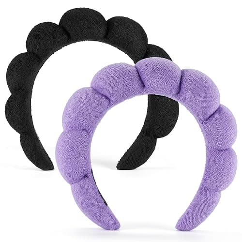 Ztomine Terry Cloth Spa Headbands for Washing Face or Facial, Set of 2, Black & Purple - Puffy Makeup Headbands for Face Washing, Mask, Skin Treatment - Image 1