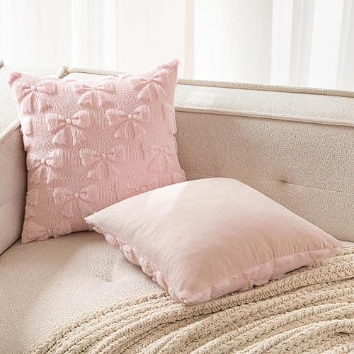 MIULEE Light Pink Bow Pillow Covers Coquette Room Decor Aesthetic Set of 2 Decorative Cute Girl Christmas Throw Pillow Soft Plush Faux Pillowcase for Girl Bed Couch Sofa,18x18 Inch thumbnail 4