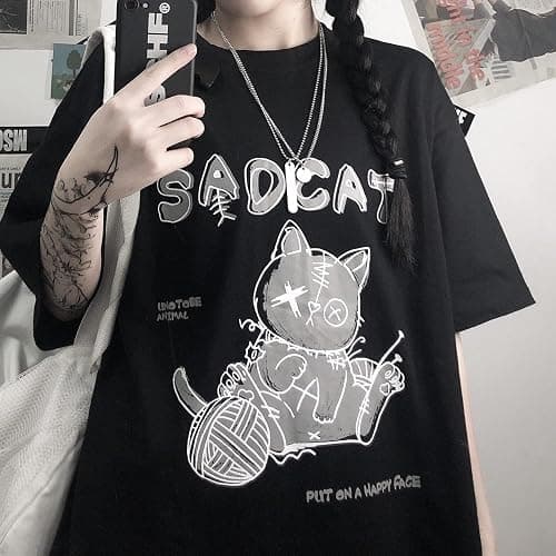 Women's Goth T-Shirt Summer Graphic Harajuku Gothic Creepy Cat Print Novelty Short Sleeve Top thumbnail 5