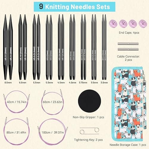 Aeelike Interchangeable Knitting Needles Set, 9 Pairs Circular Knitting Needles Aluminum (Size 3.0mm-8.0mm) with 4 Cables Accessories and Cute Storage Case for Socks Blankets Cushions, Ideal Gift thumbnail 5