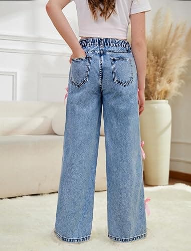 Feuoive Girls Baggy Jeans Wide Straight Leg Elastic High Waisted Denim Pants Fashion Y2k Boyfriend Skater Streetwear 7-14Y thumbnail 4