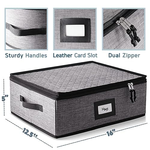 Hearth & Harbor Coffee Mug Storage, Quilted and Stackable Coffee Cup Storage Organizer for Service of 12, Mug Storage Box with Dividers, China Containers Hard Shell for Moving and Organization, Grey thumbnail 3