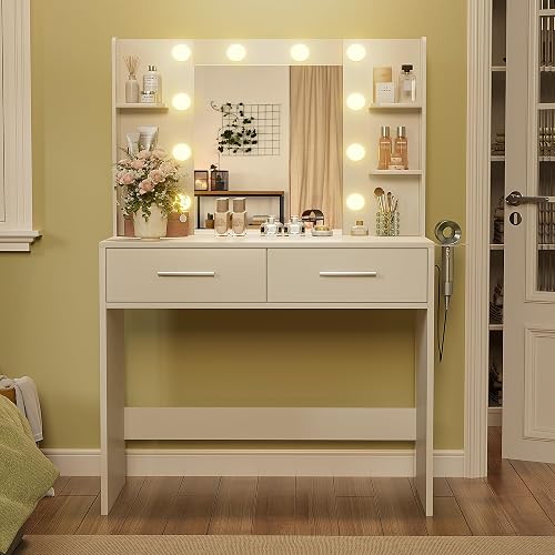 YESHOMY Vanity Desk with Mirror, Makeup Table with 2 Large Drawers, Power Outlet and Round Holder, 3 Color Modes Adjustable Bulb, White thumbnail 4