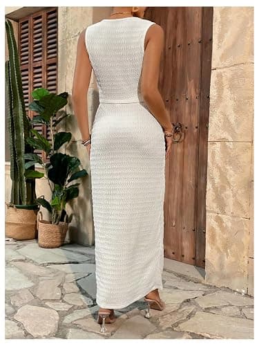 Milumia Women's Maternity 2 Piece Outfits Tank Top Bodycon Maxi Skirt Sets | Pregnant Dress Summer Outfit, Textured, Drawstring Tie Knot, Going Out, Maternity Photoshoot Outfits thumbnail 3
