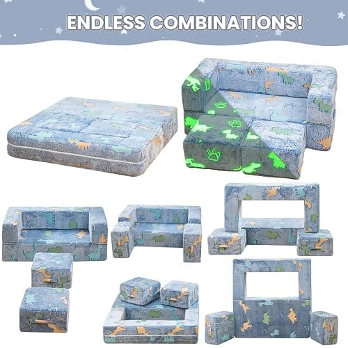 furlinkhm Toddler Couch, Glow in The Dark Kids Play Couch Toddler Fold Out Couch, Kids Fold Out Couch for playroom, Convertible Baby Fold Out Play Foam and Floor Cushion for Bedroom, Blue+Dinosaur - Blue+dinosaur - Toddler Couch thumbnail 4