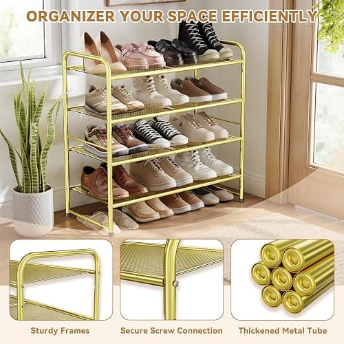 MWQ Modern Shoe Rack, 4 Tier Heavy Duty Metal Mesh Shoe Shelf 27 Inch Wide, Gold thumbnail 2