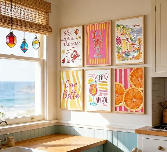 6Pcs Summer Coastal Poster Wall Art,Pink Orange Coastal Painting Picture Wall Decor,Amalfi Beach Canvas Print Artwork for Bathroom,Bedroom,Living Room,Beach House Home Decor,8x10 Inch Unframed thumbnail 7