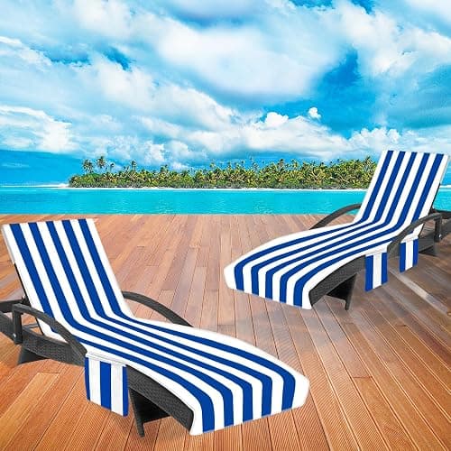 Ruikyhom Lounge Chair Towel Cover, Beach Chair Covers (Pack of 2), Chaise Lounge Cover with 3 Pockets for Pool Beach Garden Courtyard Outdoor Trips, 85 x30 in, Striped Dark Blue thumbnail 2