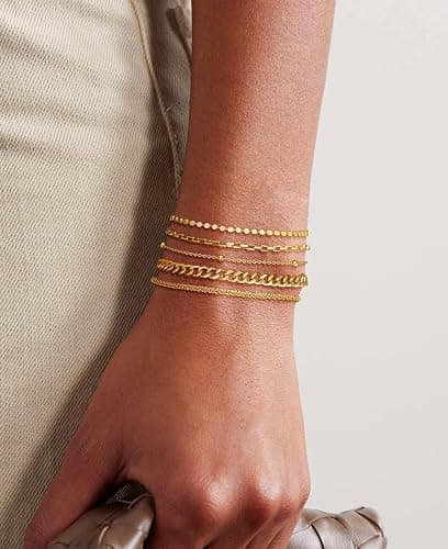 DEARMAY Waterproof Gold Plated Bracelets Set for Women Trendy, Dainty 14K Gold Jewelry Fashion Stackable Tennis Beaded Figaro Herringbone Paperclip Link Bracelet Pack Stack Gifts for Women thumbnail 4