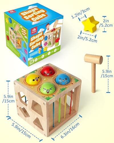 Coogam Wooden Montessori Toys for Toddlers, Shape Sorting Cube Fine Motor Skills Game for Year Old 18 Month+ Baby Boys Girls Gift thumbnail 2