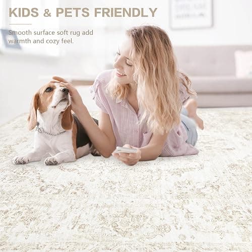 5x7 Area Rugs for Living Room: Washable Rug Vintage Large Rugs Soft Non Slip Low Pile Rug Floral Distressed Floor Carpet for Bedroom Kitchen Nursery Dining Room Home Office (Beige, 5'x7') thumbnail 7