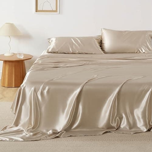 Bedsure Satin Sheets Queen Size - 4 Piece Silky Bedsheets with 15 Inches Deep Pocket Fitted Bedsheet,1 Flat Sheet, 2 Satin Pillowcases, Good for Hair & Skin (Queen, Khaki) - Image 1