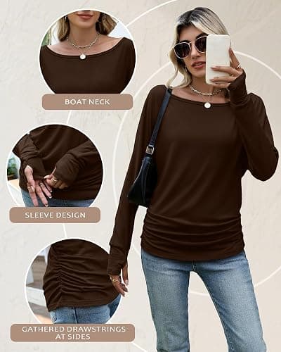 Huukeay 3 Pack Off The Shoulder Boat Neck Tops for Women, Long Sleeve Thumbhole Side Ruched Shirts Loose Causal Tunic Tees thumbnail 6
