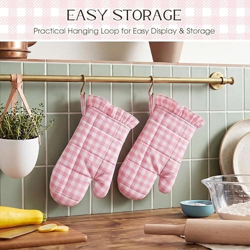 Twistover Ruffle Gingham Oven Mitts 2-Pack Set, Pink, 7"x13" | Checkered Oven Mitts, Plaid, Cotton Heat Resistant, Non-slip Grip for Baking BBQ, Cute Farmhouse Style, Safe Pot Holders thumbnail 6