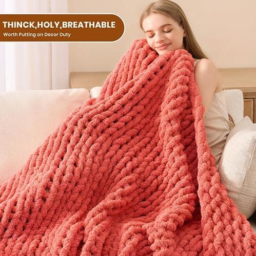L'AGRATY Chunky Knit Blanket Throw: 50''x60'' Chenille Chunky Knitted Throw Blankets for Bed Couch - Handmade Thick Cable Knit Blanket - Large Crochet Rope Blankets for Home Decor(Coral Pink) thumbnail 4