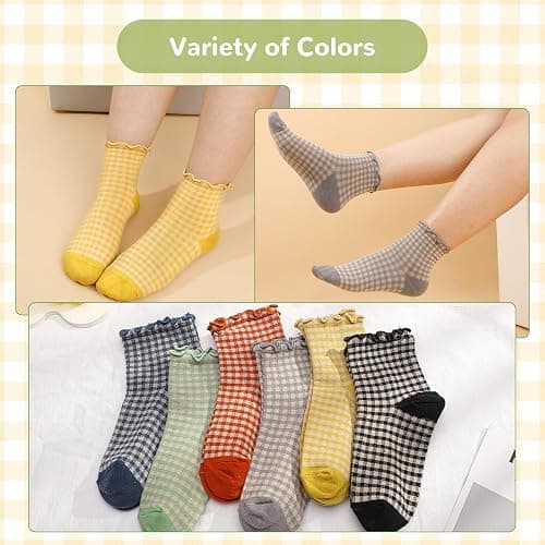 GGSTDDUP Women Ruffle Striped Frilly Socks, 6/10 Pairs Cute Checkered Ankle Sock for Women, Cotton Casual Crew Socks Size 5-9 thumbnail 5