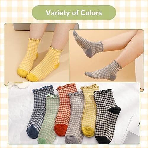 GGSTDDUP 6 Pairs Women Ruffle Socks Striped Frilly Socks, Women Cute Socks Checkered Socks Ankle Socks for Women Cotton Knit Casual Crew Socks Size 5-9 thumbnail 5