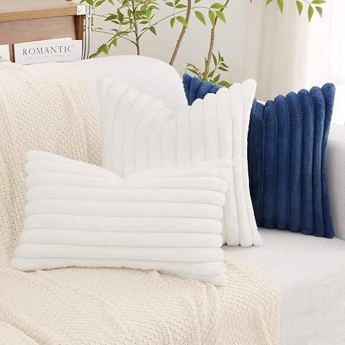Faux Fur Throw Pillow Covers 12x20 Set of 2, Decorative Soft Plush Striped Lumbar Neutral Couch Euro Pillow Covers with Velvet Back for Sofa, Bed, Living Room Home Decor, White thumbnail 9