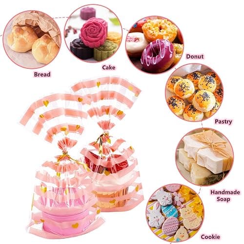 JOERSH 100 Pack Pink Cellophane Treat Bags 8.1" x 5" Bottom Gusset Pink Plastic Candy Bags with Twist Ties for Valentine, Birthday, Gift Goodie Cookie Snack Party Favor Supplies thumbnail 6