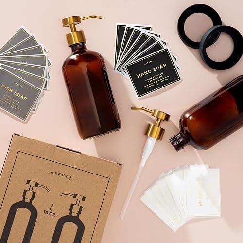Hand and Dish Soap Dispenser for Kitchen and Bathroom, Set of 2 16 Oz Glass Bottles, Stainless Steel Pumps, Non-Slip Silicone Base, 27 Waterproof Labels (Amber Bottle/Brushed Gold Pump) thumbnail 8