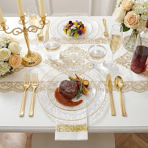 Rubtlamp 350 Pcs Clear Gold Plastic Plates, Hammered Disposable Dinnerware, Clear-Gold Plates Set Include 100 Plastic Platos, 150 Gold Disposable Silverware, 50 Cups And 50 Napkins for Party thumbnail 5