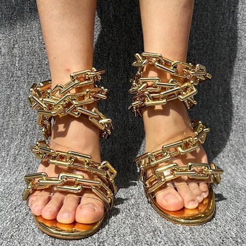 Frankie Hsu Luxury Women's Ankle Leg Lace Up Shinny Gold Link Chain Clear PVC Strappy Stilettos Round Toe High Heeled Mules Sandals thumbnail 5