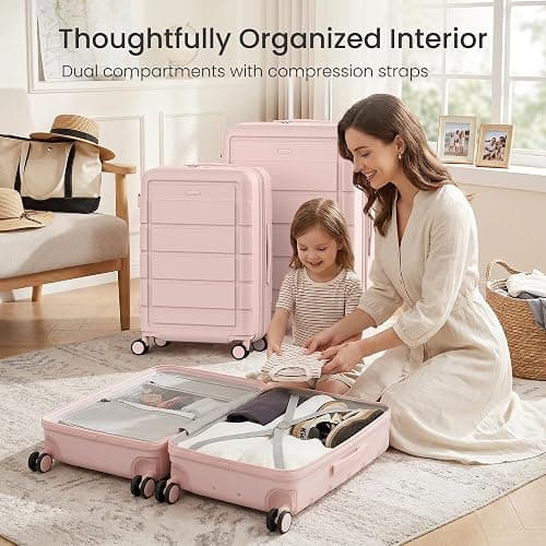 SHOWKOO Upgrade Luggage Sets 3pcs 100% PC Durable Expandable Luggage Suitcase with TSA Lock Double Wheels Pink thumbnail 9