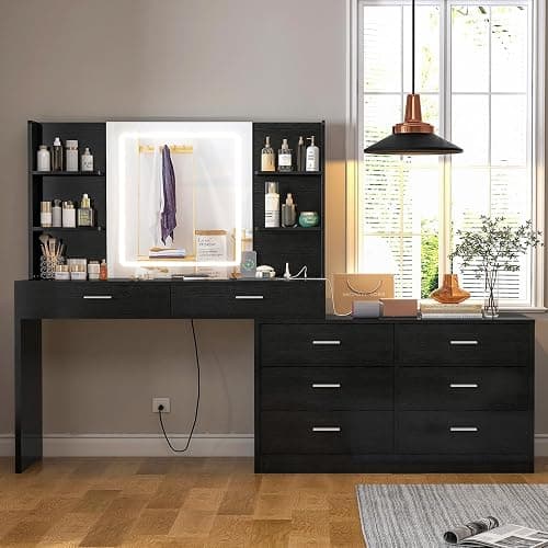 FIONESO Vanity Desk with LED Light Mirror & Power Outlet, 8 Drawers, 6 Storage Shelves, 3 Color Modes & Adjustable Brightness Makeup Vanity, Corner Vanity, L Shape Vanity, 39.4”-64.9" Desk, Black - Image 1