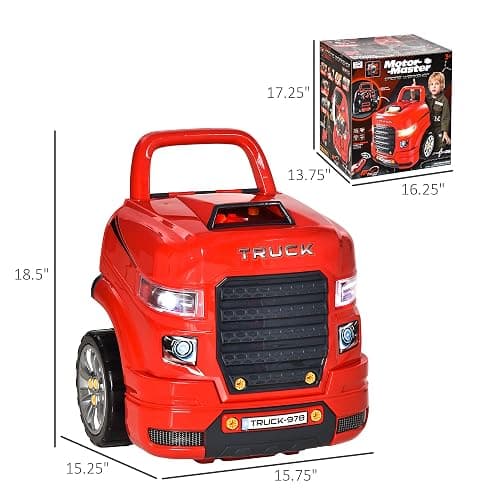 Qaba Truck Engine Toy, Kids Mechanic Set with Lights, Sounds, Steering Wheel and Horn, Pretend Car Service Station Play with 61-Piece Included, Toy Engine Building Kit for Kids Aged 3+, Red thumbnail 3