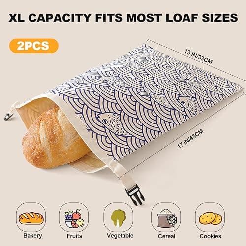 Augine Beeswax Bread Bags for Sourdough, Reusable Bread Bags for Homemade Bread, 2 Pack Natural Cotton Beeswax Storage, Natural Cotton Beeswax Bags, Large Capacity thumbnail 2