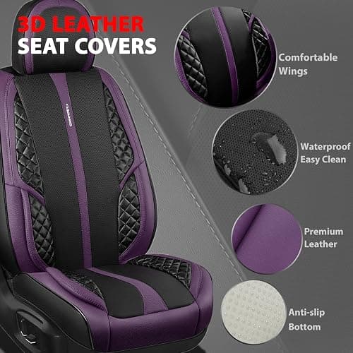CAR PASS Nappa Leather Car Seat Covers Full Set Waterproof Protector Durable Cushioned,Universal Fit for Sedan SUV Pick-up Truck,Automotive, Anti-Slip and Backseat Luxury Premium(Black and Purple) thumbnail 2