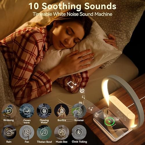 Vivilumens Sunrise Alarm Clock Wireless Charger, 10 White Noise Sound Machine Alarm Clock with 30/60/90 Mins Timer, 3 Levels Touch Night Light Dual Clocks for Heavy Sleeper Bedroom Decor Gifts for Her | Alarm Clock, Wireless Charger, Sound Machine, for Heavy Sleepers, Touch Night Light, 30/60/90 Mins Timer, 3 Levels, Dual Clocks, Ideal Gifts for Her thumbnail 5