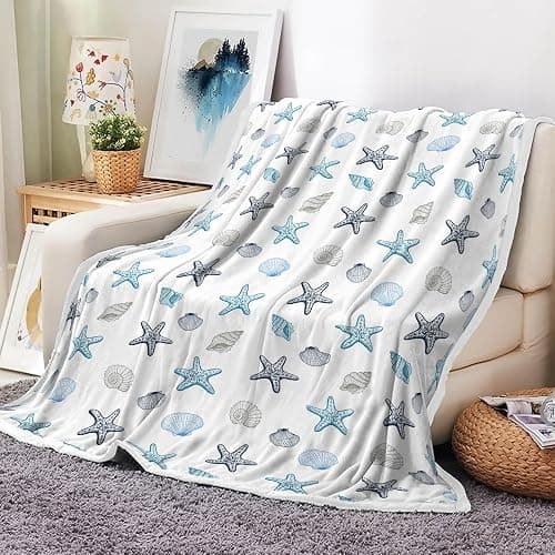 Ydbkt Coastal Ocean Beach Throw Blanket, Starfish Seashells Summer Fleece Blue Grey on White Blanket, Ocean Theme Lightweight Soft Cozy for Sofa Couch Bed Room Decor 50"x60" thumbnail 7