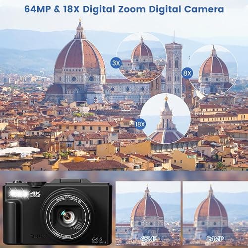 4K Digital Camera for Photography with 3" 180°Flip Screen, 64MP Vlogging Camera for YouTube, 4K Ultra HD WiFi Camera with 18X Digital Zoom，Compact Camera with Flash, 32GB TF Card & 2 Batteries（Black） - Black thumbnail 3