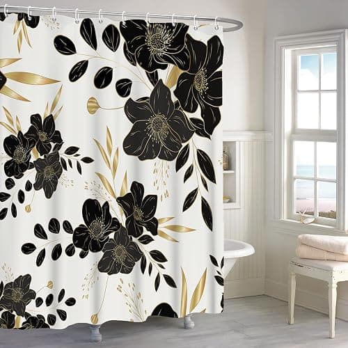 Yanutan Black Flower Shower Curtain, Black Dark Floral Gold Leaves Shower Curtain Set for Bathroom, Natural Plants Fabric Bath Curtain with Hooks, 72x72in thumbnail 7