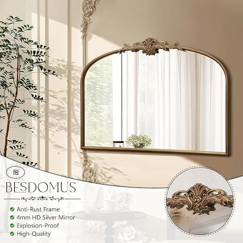 Besdomus Vintage Arched Gold Mirror: 32"x24" Large Gold Vintage Wall Mounted Mirror - Baroque Traditional Ornate for Entryway/Fireplace/Bathroom/Hallway - Home Decor for Fashion-Conscious thumbnail 6