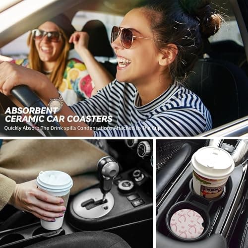 Pink Bow Love Heart Car Cup Holder Coaster 2 Pack Absorbent Ceramic Car Coasters for Cup Holders Car Accessories Interior for Women Men Universal Anti Slip Cork Base Cup Coasters with Finger Notch thumbnail 7