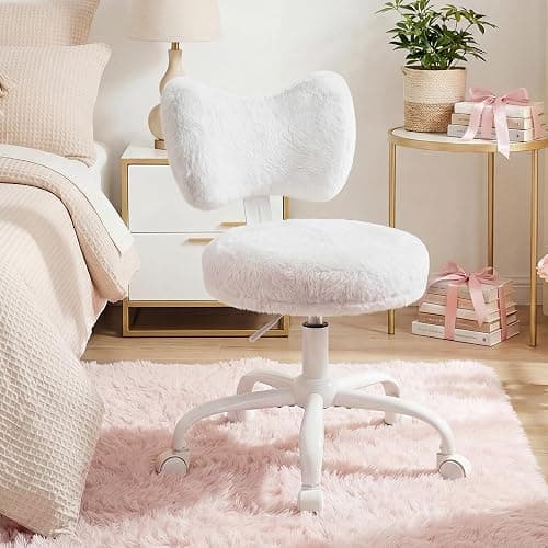 Homkdom Vanity Chair with Back, Swivel Chair with Wheels & Adjustable Height, Fluffy Faux Rabbit Fur Comfy Desk Chair for Vanity, Make-up Room, Bedroom, Dorm, Cute Bow Backrest, White thumbnail 7