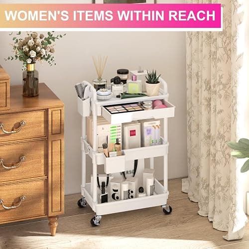 Goovilla 3 Tier Rolling Utility Cart Organizer with Removable Drawer, Stable and Sturdy White Rolling Storage Carts with 2 Lockable Wheels for Bathroom, Kitchen, Snack, Craft, Makeup, Baby Essentials - White - 3 Tier thumbnail 5