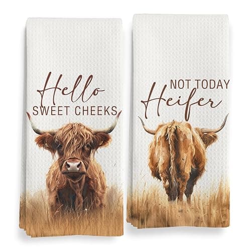 Qeheb Western Highland Cow Bathroom Decor Towels, Farmhouse Hello Sweet Cheeks Hand Towel Decorative Set, Christmas Bathroom Decor, Christmas Highland Cow Lover Gifts Hand Dish Tea Towels 16x24in - Image 1