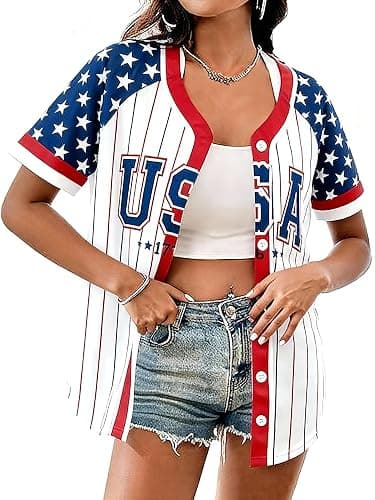Women's American Flag Button Down Jersey Shirt Patriotic USA Short Sleeve Shirts 4th of July Baseball Tee Top - Image 1