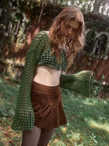 WDIRARA Women's Crochet Crop Tops Hollow Out Knit Shrugs | Y2k Long Bell Sleeve Crop Sweater thumbnail 3