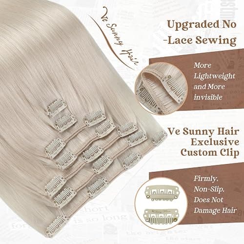 Ve Sunny Clip in Human Hair Extensions Platinum Blonde Clip in Hair Extensions Real Human Hair Clip on Extensions Human Hair Daily Use 120g 7pcs 16inch thumbnail 3