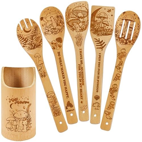 Mushroom Kitchen Decor Bamboo Wooden Spoons With Utensil Holder-Mushroom Kitchen Accessories for Cooking-Home Decorations Gifts for Women-Housewarming,Birthday,Easter,Mothers Day Gift（6PCS） - Image 1