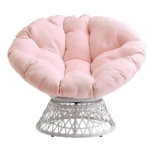 OSP Home Furnishings Wicker Papasan Chair with 360-Degree Swivel, Cream Frame with Pink Cushion thumbnail 4